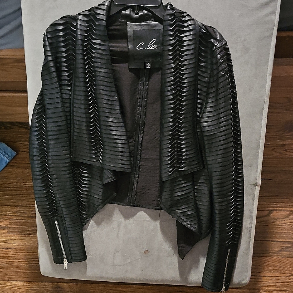C. Luce Black Textured Drape-Front Leather Jacket